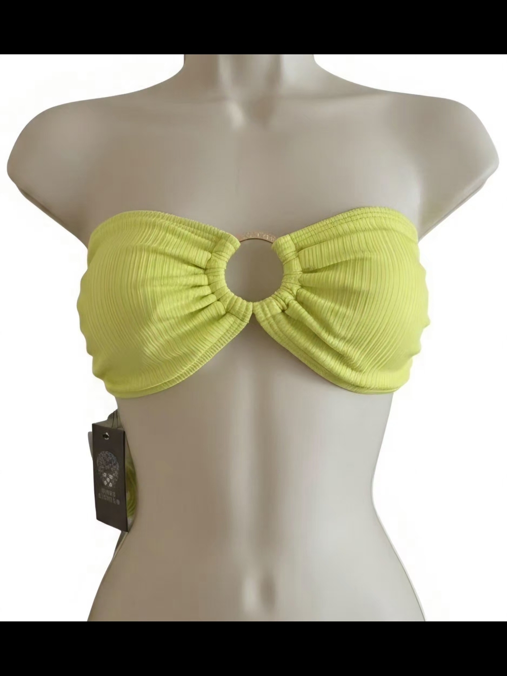 Vince Camuto Ribbed O-Ring Bandeau Bikini Top in a vibrant lime/chartreuse hue.